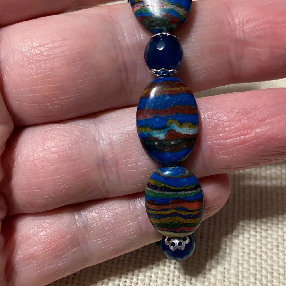 Natural genuine Rainbow Calsillica gemstone artisan Beaded 7.5” Bracelet